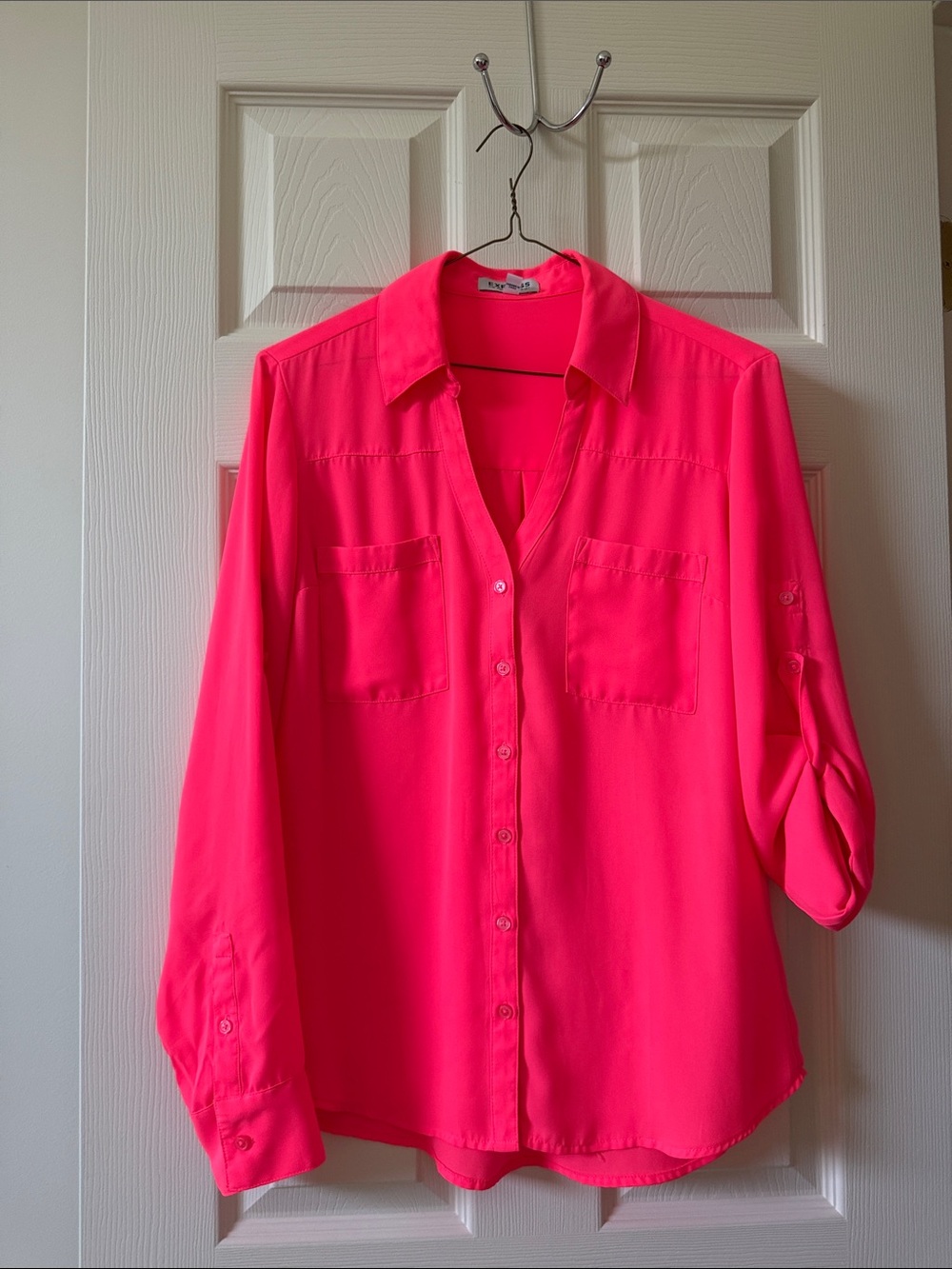 Express Neon Pink Button-Down Shirt with Chest Pockets